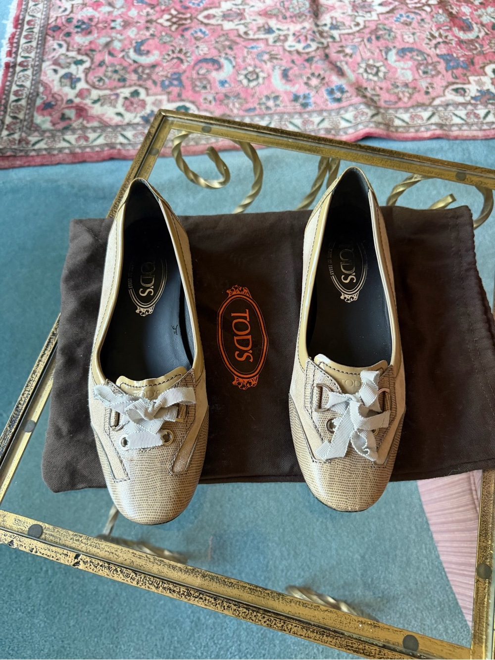 Tod's Beige Canvas Bow-Front Loafers